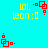 Pixelated cyan background with yellow text 'lol. leon :0' and red square-based animation elements in four corners.