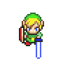 Pixel art character in green tunic and hat, holding red shield with white cross, blue sword, and blue energy effects