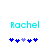 Pixelated cyan text 'Rachel' above a of blue and purple puzzle pieces on white background