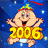 Pixelated cartoon baby in yellow outfit with '2006' text, wearing party hat against blue starry background.