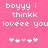 Pixelated text on pink background with heart symbols, displaying 'boyyy i thinkk loveee you' in white block letters and four hearts below.