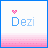 Pixelated 'Dezi' text with pink heart above, on white background with horizontal pink gradient band at bottom.