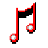 Red musical eighth notes with black stems and white note heads on a gray background, varying in size