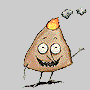 Triangular cartoon character with brown textured body, orange flame on top, wide eyes, and a grinning mouth, standing against gray background with floating objects above.