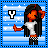 Pixel art character with long black hair and orange skin wears white shirt and checkered pants, standing against blue striped background with white stars and a black 'Y' symbol.