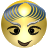 Pixelated yellow emoji face with blue hair, black eyes, and a brown smile on a gray background.