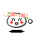 A 4-frame pixel art contact sheet showing a cartoon character with pink flowers, red cheeks, and changing expressions across frames.