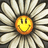 Two pixelated daisy flowers with yellow smiley faces in centers, pink text overlay on right flower.