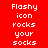 Pixelated text 'Flashy icon rocks your socks' displayed in white on red and black backgrounds with no visible animation.