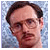 Static image of a person with dark hair and glasses against a blue patterned background, surrounded by text fragments.