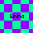 Pixelated of cyan and purple diamonds with four instances of the text 'Emma' in black pixelated font