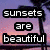 A static image with four text blocks over a split background: purple-pink sunset on left, dark cloudy sky on top right, white with pastel hearts below. Text reads "sunsets are beautiful" and "though they make me cry but I still love them.".