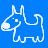 Pixelated white dog outline and text on solid blue background with visible dithering artifacts.