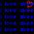 Pixelated blue text 'i love' and 'akee' repeated in a with a red heart symbol replacing the 'e' in 'akee' on the top