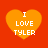 Four orange hearts on red background with white text "I LOVE TYLER" inside each heart.
