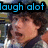 A pixelated image of a person with dark curly hair wearing a striped shirt, shown in three with text overlays reading 'laugh alot', 'live life', and 'have fun'