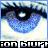Pixelated eye animation with blue iris and white sclera, showing sequential blurring and text distortion across six