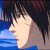 Pixelated anime-style profile of a person with dark hair and red highlights against a blue water background, showing subtle facial expression changes across frames.