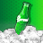 Green bottle with white label on textured gray surface against gradient green background.