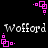 Pixelated text 'Wofford Wofford' repeated twice on black background with pink square corner accents.