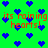 Green background with blue pixelated hearts and repeated orange text reading 'its raining hearts!' in a pattern