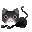 Pixelated black cat with white chest and pink nose in four static poses on gray background, each showing different eye expressions.