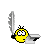 Yellow circular character with black spiky hair and silver propeller-like wings, displaying multiple facial expressions against gray background.