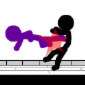 A black silhouette figure in a dynamic pose emits a purple and pink translucent shape from its mouth against a white background with horizontal lines.