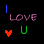 A 4-frame animated contact sheet showing a pixelated 'LOVE U' icon with red heart and green U letters on black background, framed by blue vertical bars.