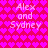Pixelated pink heart pattern background with repeated text "Alex and Sydney" in light pink, arranged in two vertical