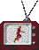 Three identical pixelated TV-shaped icons with maroon frames display a red figure running on white screens, each suspended from a chain.