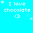Pixel art icon with cyan background displaying 'I love chocolate <3' text and animated star placements.