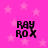 A static image with a bright pink background featuring light pink stars and four identical black text blocks reading "RAY ROX" arranged in a