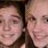 Two side-by-side pixelated faces with light skin tones, dark hair, and neutral expressions against a brown background.