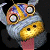 Pixelated cartoon character with large eyes and a pink tongue on left, green text 'Original Icons .com' on right against dark background.