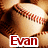 A pixelated image of a baseball with red stitching and the name 'Evan' in bold red text on a white background.