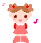 Pixel art doll avatar with brown pigtails, red hair accessories, pink dress, and red boots, surrounded by floating pink musical notes on gray background.