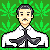 Pixelated figure in white lab coat with dark tie against green background featuring cannabis leaf patterns.