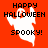 Pixelated Halloween-themed icon with orange background, white ghost silhouette, and black text reading HAPPY HALLOWEEN SPOOKY!