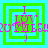 Four identical square icons with green and cyan borders, each containing pink text and symbols arranged in a layered pattern.