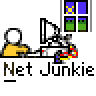 Animated contact sheet showing 12 frames of a pixel art buddy icon featuring a stick figure at a computer with changing window lights and text "Net Junkie" below each frame.