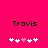 Bright pink background with black text 'Travis' above two of white and light pink pixelated heart shapes