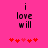 Pixelated text 'i love will' on bright pink background with red heart symbols below, two identical frames side-by-side.