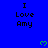 Blue background with repeated black text "I Love Amy" and green pixelated hearts scattered across the image.