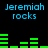 Pixelated blue text "Jeremiah rocks" appears twice above green bar graphs on a black background, with visible animation changes in bar heights across observations.