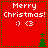 Red square icon with "Merry Christmas!" text and smiley face, featuring animated green tree positions in four quadrants.