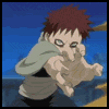 A character with spiky brown hair and a light green scarf performs sequential hand gestures against a blue sky background.