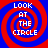 Four identical red and blue spiral patterns with white text reading LOOK AT THE CIRCLE arranged in a on a solid background