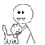A stick figure holds a cat, then lifts it while smiling, and finally covers its mouth with hands.