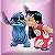 Pixelated image of three cartoon characters: a blue creature with large eyes, a boy with black hair, and a girl in red, all in close physical contact against a pink background.